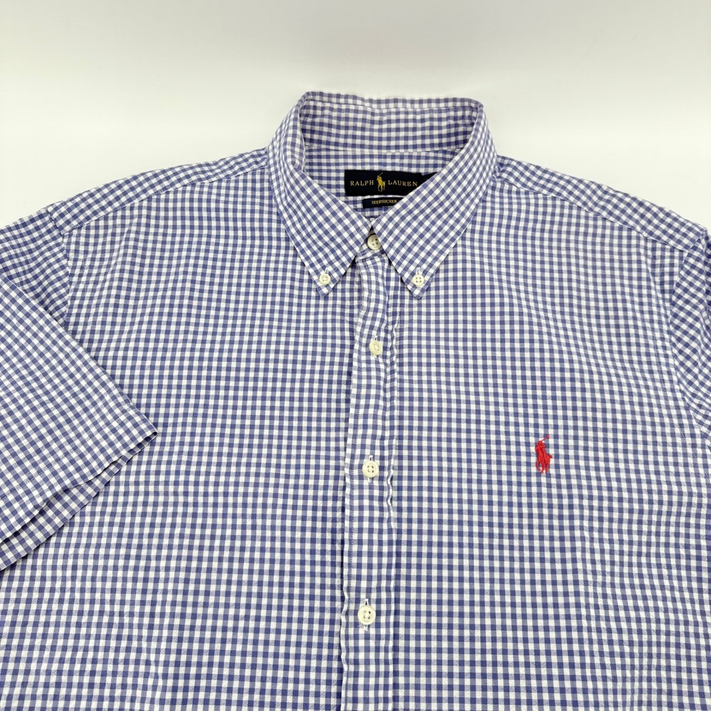 Ralph Lauren Button Down Seersucker Shirt Mens XL S S Gingham Blue White